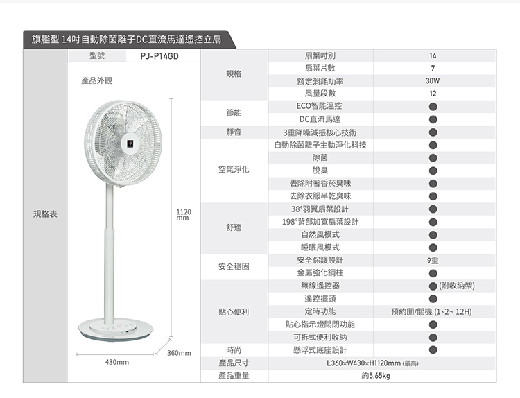 夏普 PJ-P14GD 旗艦型自動除菌離子DC直流馬達觸控立扇 14吋