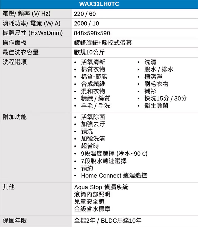 BOSCH 博世 WAX32LH0TC 滾筒洗衣機 10kg 活氧清新空氣洗 4D深層洗淨系統