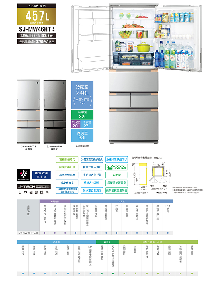 夏普 SJ-MW46HT-S 冰箱 457L 五門 左右開任意門 自動除菌離子 星鑽銀