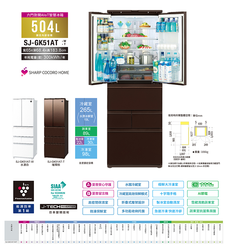 夏普  SJ-GK51AT-T 冰箱 504L 六門 AIoT智慧 夏普留言機 自動除菌離子 璀璨棕