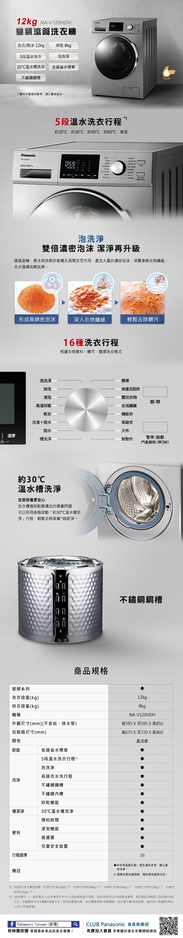 國際 NA-V120HDH 12KG 洗脫烘滾筒洗衣機