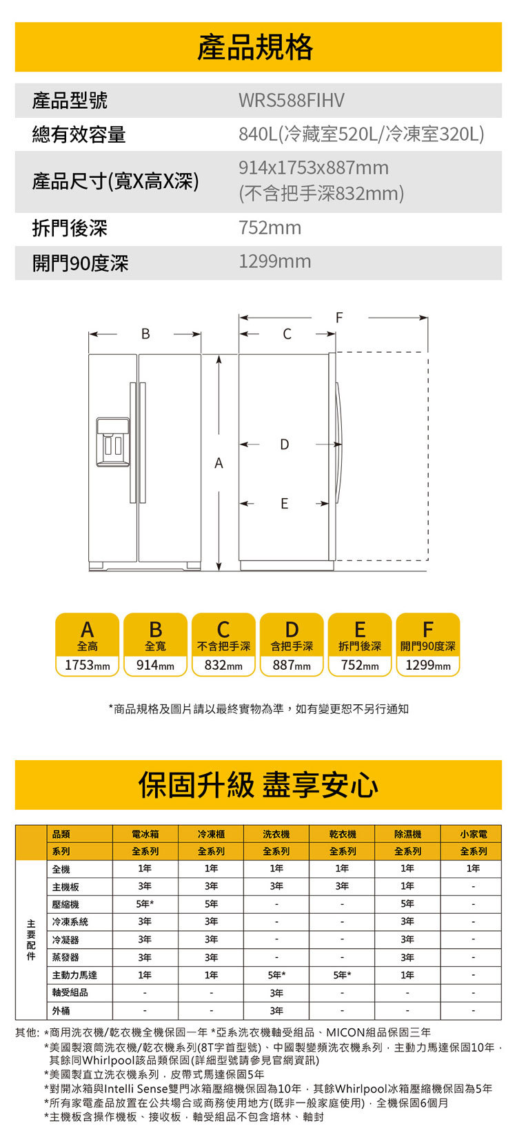 惠而浦 WRS588FIHV 冰箱 840公升 對開門 W Collection 抗指紋 迷霧黑