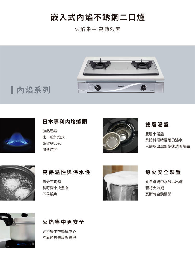 林內 RBTS-N201S 嵌入式內焰不銹鋼雙口爐 內焰系列 安裝與拆除舊機另計