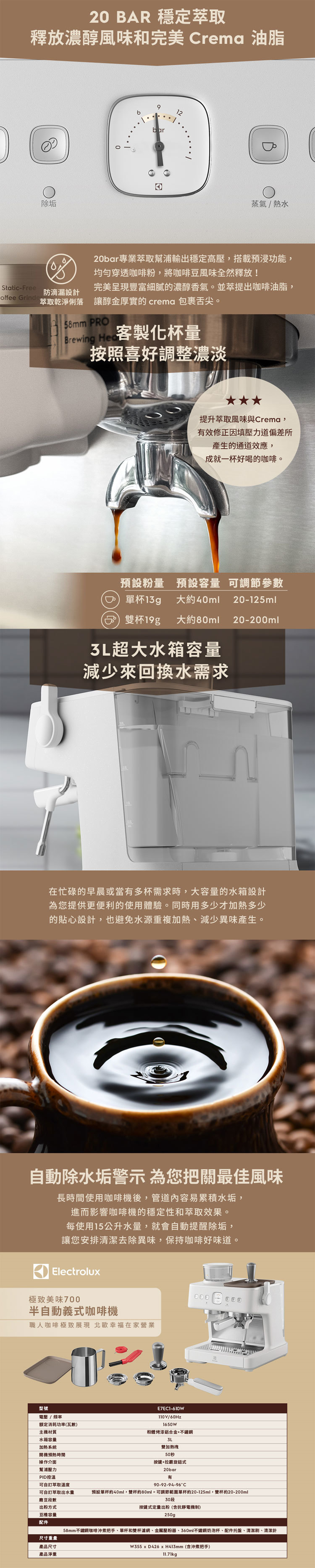 Electrolux 伊萊克斯 E7EC1-610W 極致美味700 半自動義式咖啡機 奶霜白 3L