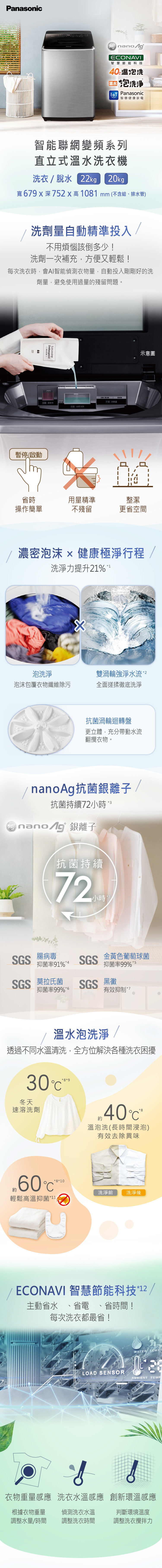 國際 NA-V200NMS-S 智能聯網變頻溫水直立式洗衣機 22kg 不鏽鋼 金級省水標章