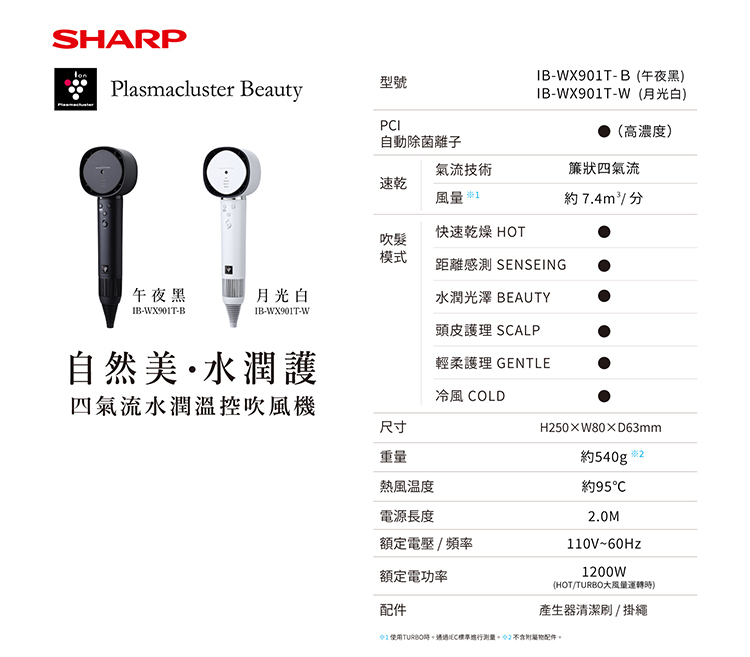 SHARP 夏普 IB-WX901T-B 四氣流水潤溫控吹風機 午夜黑 自動除菌離子