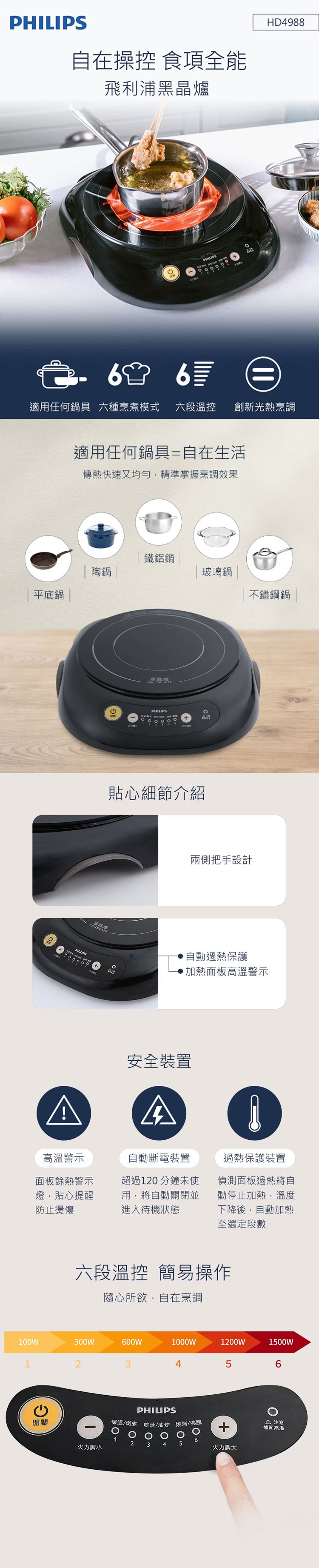 Philips 飛利浦 HD4988 黑晶爐 適用各種鍋具 六段火力控制