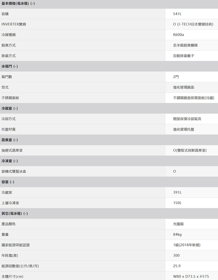 夏普  SJ-GD54V-SL 變頻雙門鏡面冰箱 541L 自動除菌離子 能源效率第1級