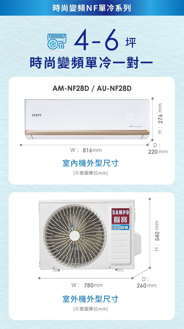 聲寶 AU-NF28D 4坪適用 時尚NF系列 變頻 單冷 空調 AM-NF28D