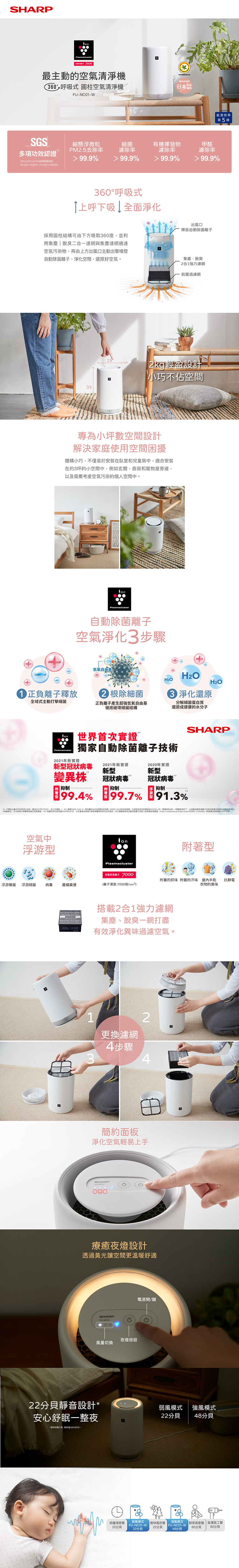 夏普 FU-NC01-W 圓柱空氣清淨機 360°呼吸 自動除菌離子7000