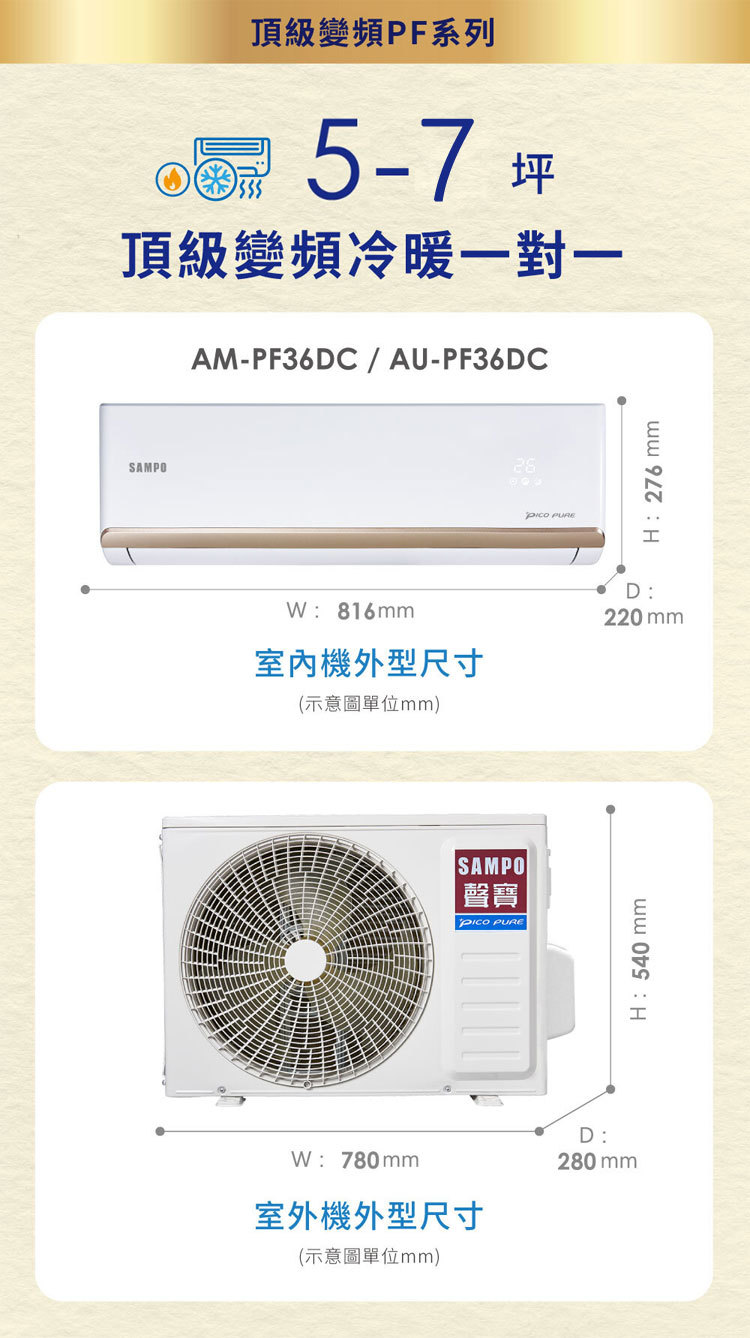 聲寶 AU-PF36DC 5-7坪適用 頂級PF系列 變頻 冷暖 分離式空調 AM-PF36DC