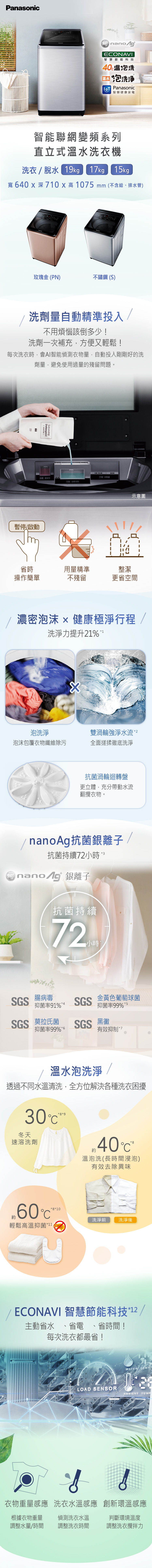 國際 NA-V190NMS-S 智能聯網變頻直立溫水洗衣機 19kg 不鏽鋼 金級省水標章