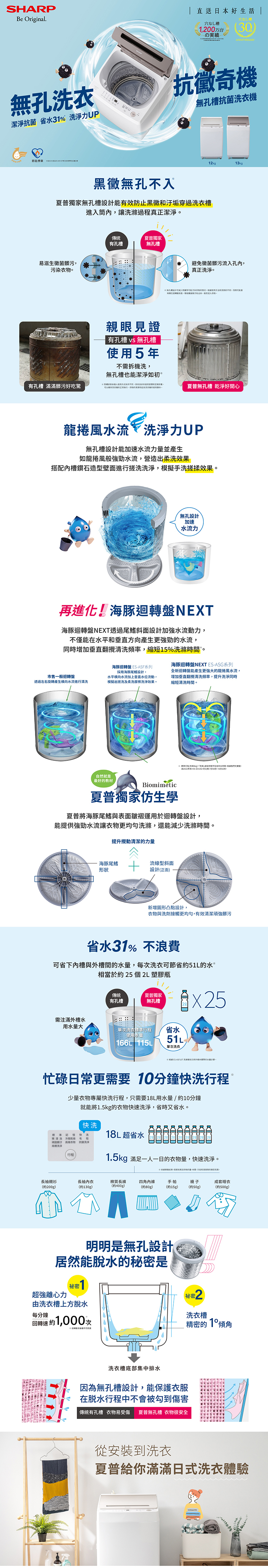 夏普  ES-ASG12T 無孔槽變頻洗衣機 12kg  海豚迴轉盤NEXT 3種筒槽清潔功能