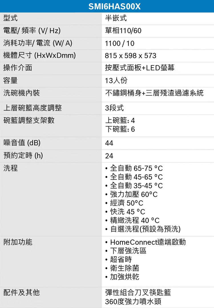 BOSCH 博世 SMI6HAS00X 半嵌式洗碗機 13人份 60cm寬 含基本安裝 需自備門板