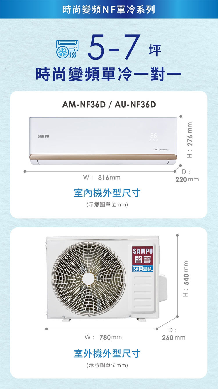 聲寶 AU-NF36D 5坪適用 時尚NF系列 變頻 單冷 空調 AM-NF36D