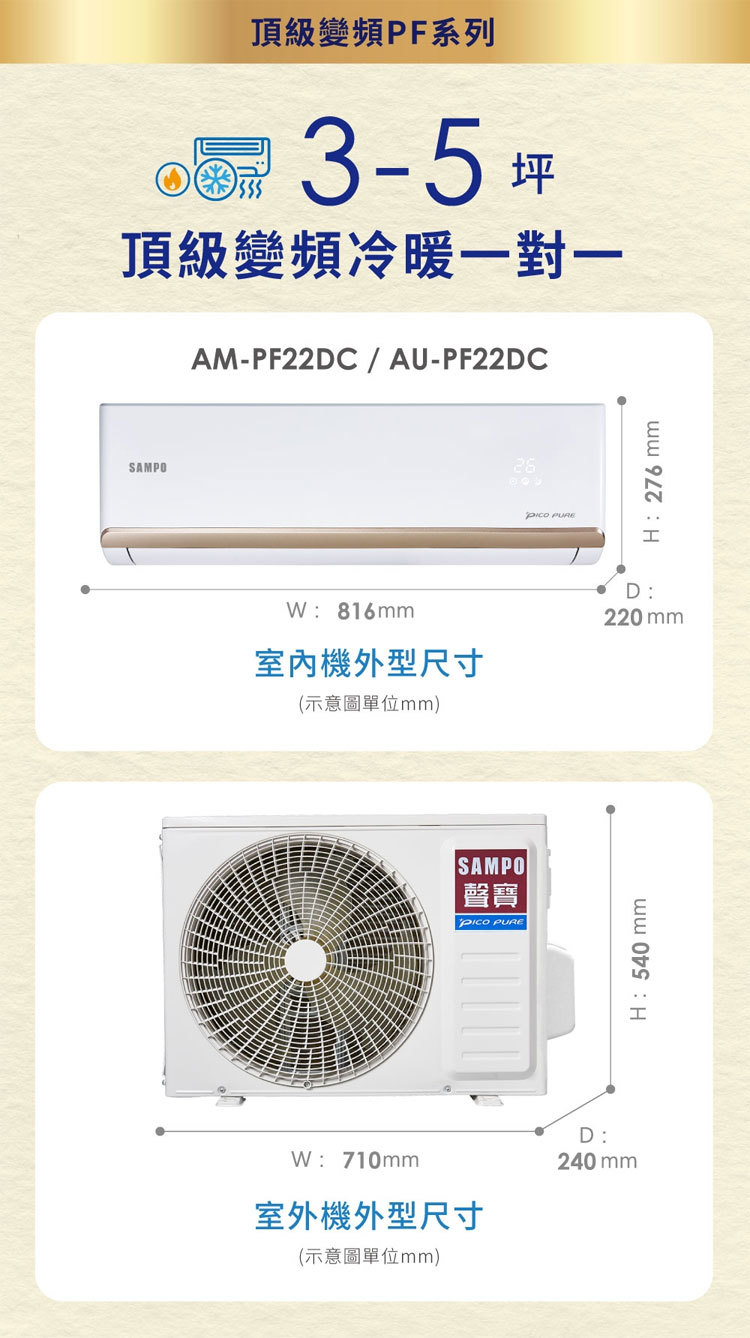 聲寶 AU-PF22DC1 3坪適用 頂級PF系列 變頻冷暖空調 AM-PF22DC1