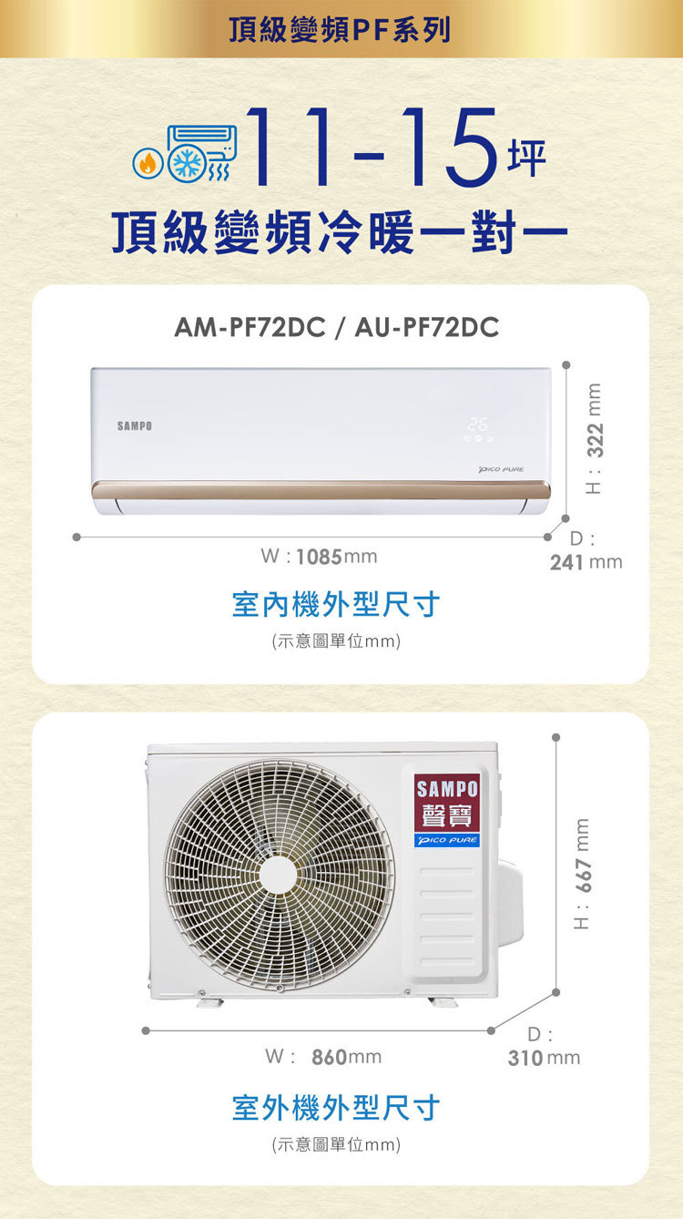 聲寶 AU-PF72DC 11-15坪適用 頂級PF系列 變頻 冷暖 分離式空調 AM-PF72DC