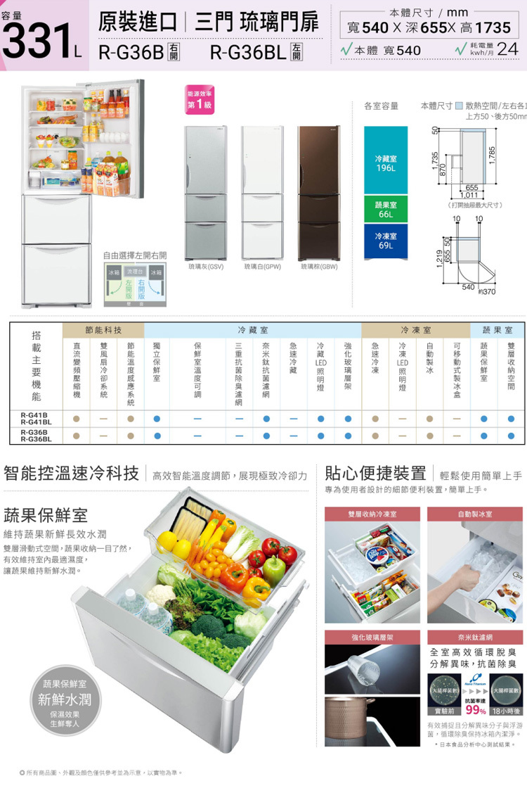 日立 RG36BL 冰箱 331L 3門 變頻 琉璃門 琉璃白 左開特仕版