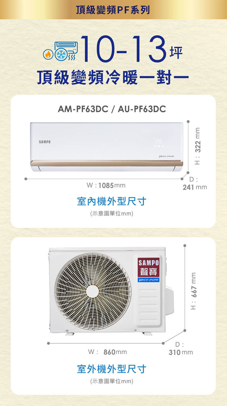 聲寶 AU-PF63DC 10-13坪適用 頂級PF系列 變頻 冷暖 分離式空調 AM-PF63DC