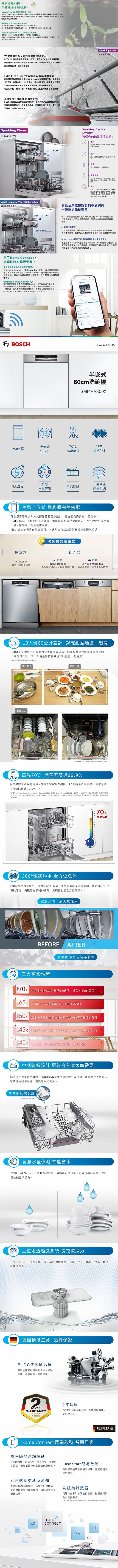 BOSCH 博世 SMI4HAS00X 半嵌式洗碗機 13人份 60cm寬 含基本安裝 需自備門板