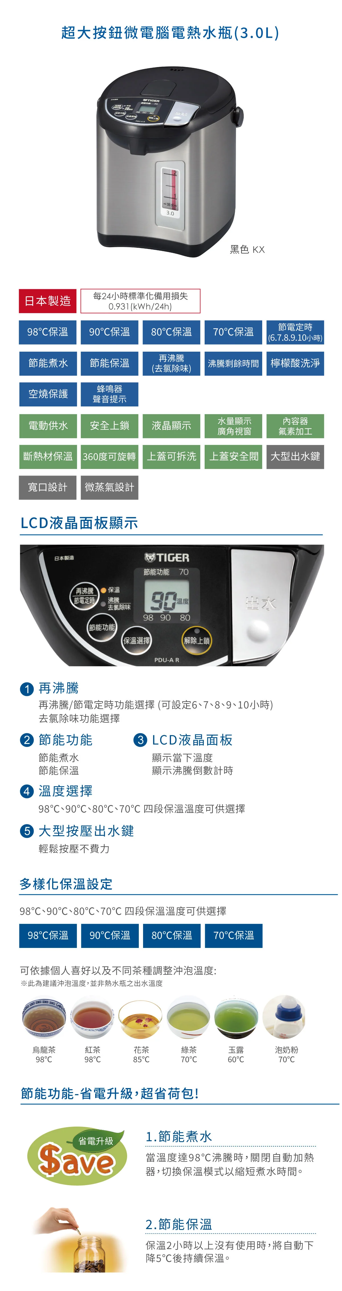 TIGER 虎牌 PDU-A30R 電熱水瓶 3.0L 超大按鍵 日本製