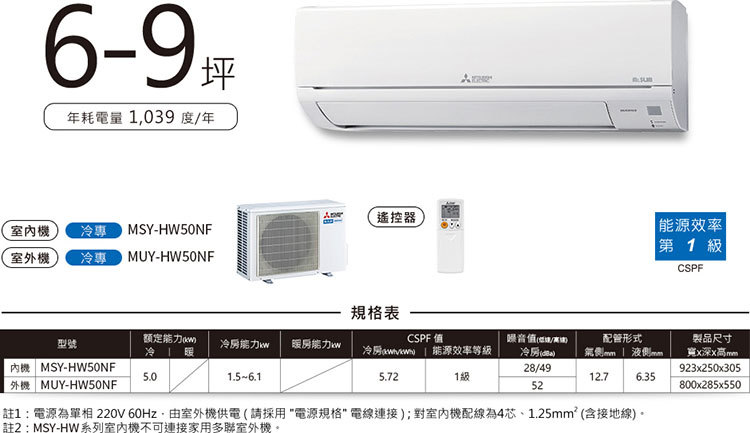 三菱 MUY-HW50NF 6-9坪適用 HW標準系列 變頻 冷氣 MSY-HW50NF