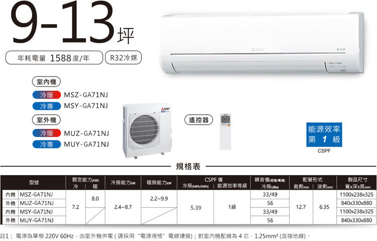 三菱電機 MUZ-GA71NJ 10坪適用 靜音大師GA系列 冷暖 空調 MSZ-GA71NJ