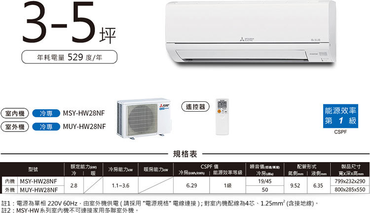 三菱 MUY-HW28NF 3-5坪適用 HW標準系列 變頻 冷氣  MSY-HW28NF