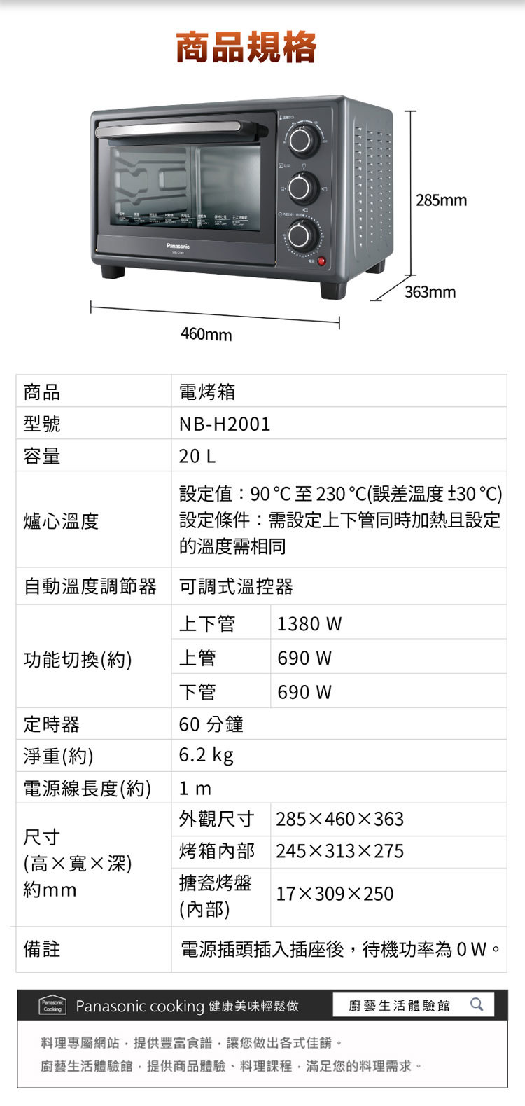 國際 NB-H2001 電烤箱 20L 雙層防燙隔熱門 60分鐘定時功能 上下火獨立控溫